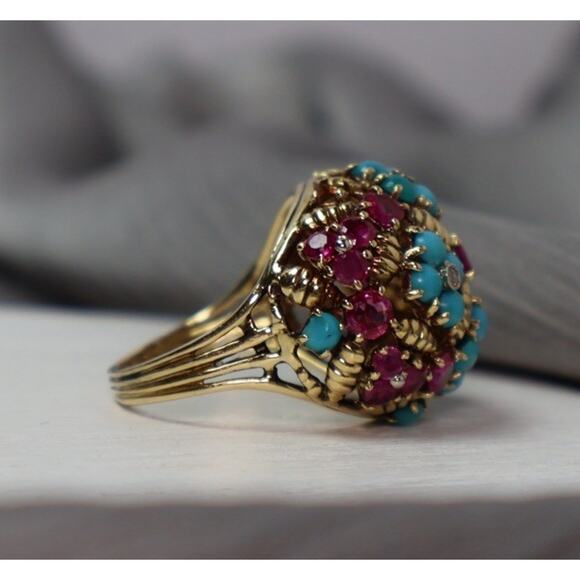 18k Yellow Gold Ruby,Diamond & Turquoise Ring 7.9G / Sz 6 - Picture 2 of 5
